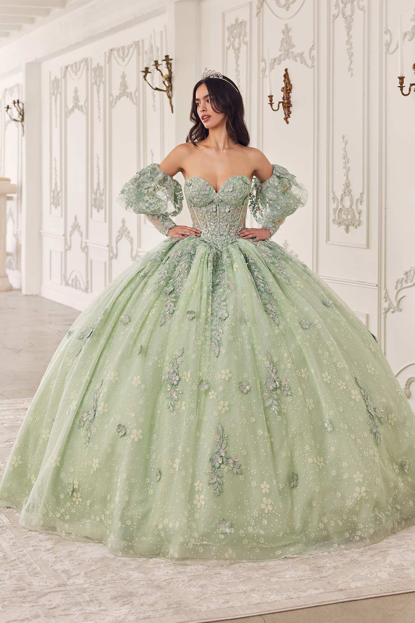 Ladivine 15722 Long Poofy A-Line Quinceanera Dress with Puffy Sleeves