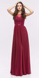 Lace Illusion Bodice Bateau Neck A-line Long Dress Burgundy