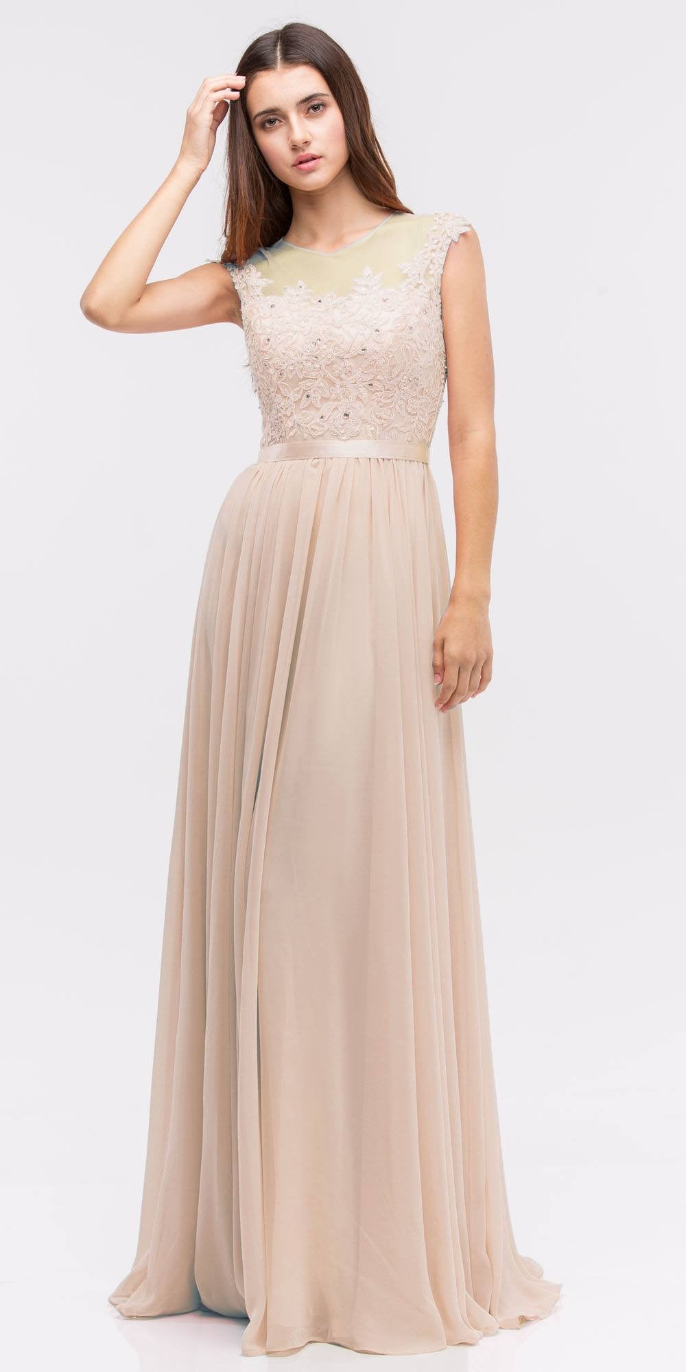 Lace Illusion Bodice Bateau Neck A-line Long Dress Champagne