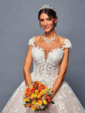 Deklaire Bridal 485 Cap Sleeve Illusion Boat Neckline A-Line Wedding Gown