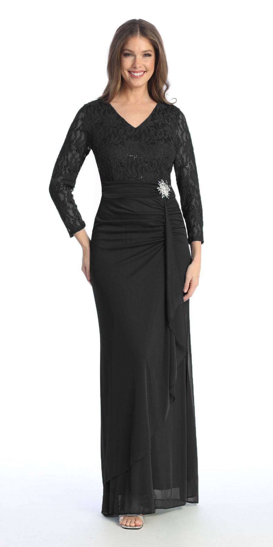 Celavie 6549-L Lace Long Sleeve V-Neck Ruffled Dress with Brooch - Black / S