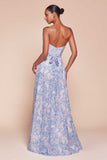 Ladivine 7443 Dress Strapless A-Line Floral Satin Dress - BLUE