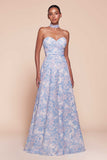 Ladivine 7443 Dress Strapless A-Line Floral Satin Dress - BLUE