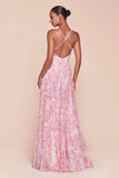 Ladivine 7444 Dress A-Line Soft Satin Print Dress - ROSE