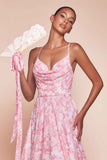 Ladivine 7444 Dress A-Line Soft Satin Print Dress - ROSE