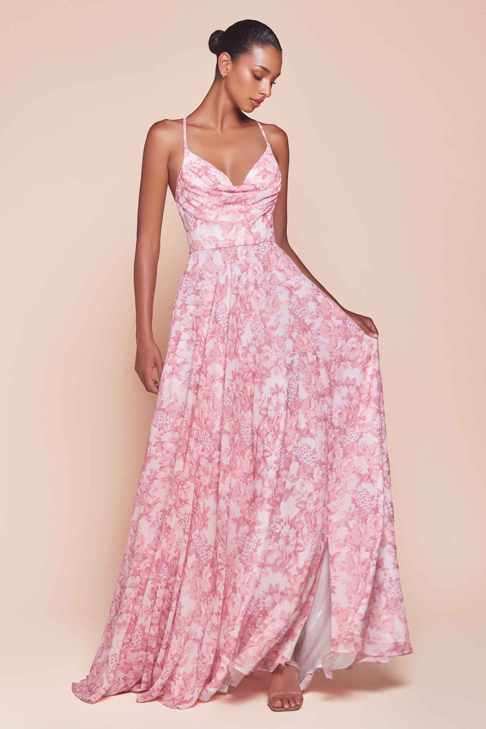 Ladivine 7444 Dress A-Line Soft Satin Print Dress - ROSE