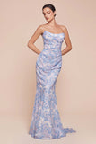 Ladivine 7445 Dress Strapless Floral Printed Fitted Soft Satin Dress - BLUE