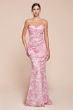 Ladivine 7445 Dress Strapless Floral Printed Fitted Soft Satin Dress - ROSE