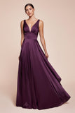 Ladivine 7469 Long Satin Bridesmaid Dress A-Line V-Neckline - EGGPLANT