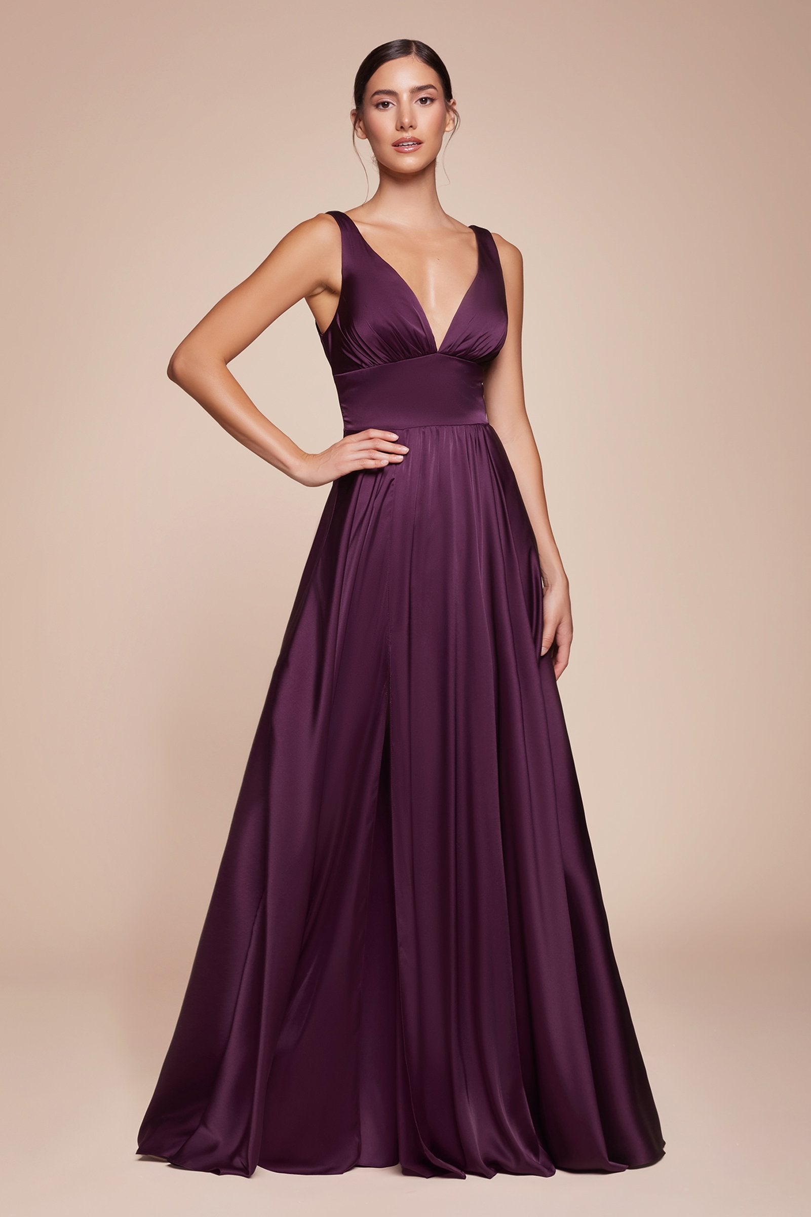 Ladivine 7469 Long Satin Bridesmaid Dress A-Line V-Neckline