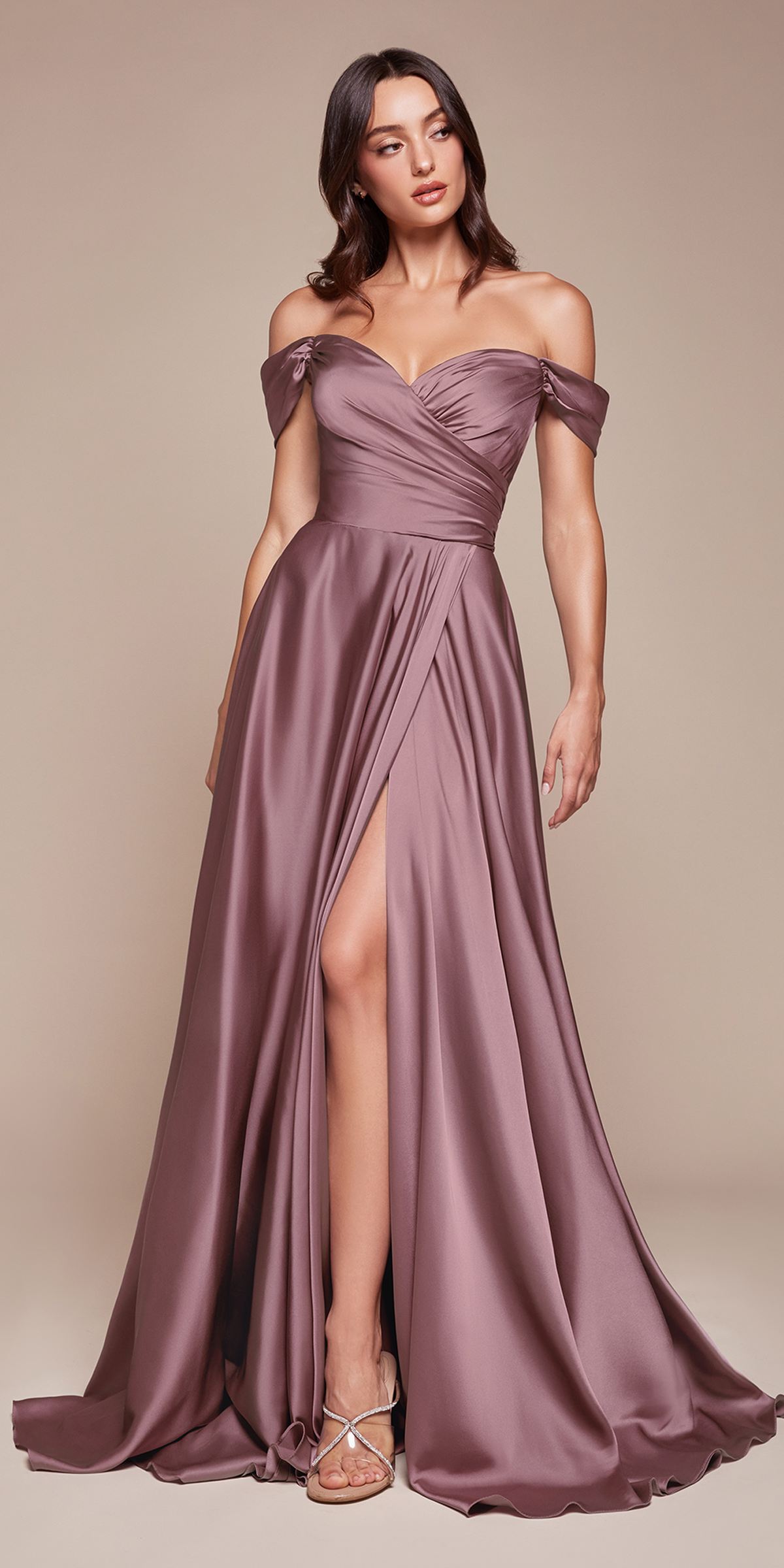 Ladivine 7493C Long Plus Size A-Line Off the Shoulder Satin Dress