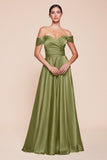 Ladivine 7493 Long A-Line Off the Shoulder Satin Dress