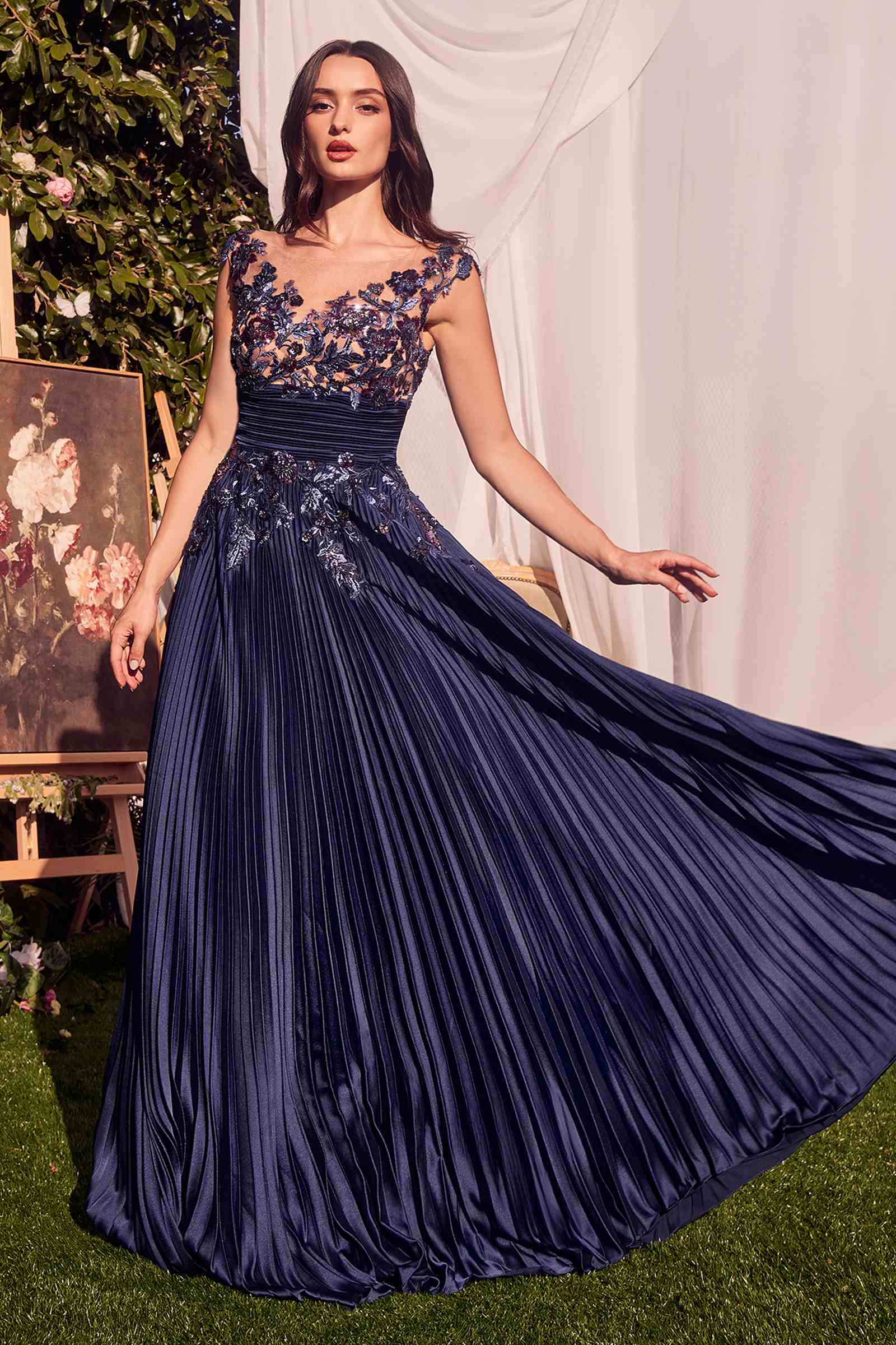 Andrea & Leo A1355 Dress Pleated Satin & Embellished A-Line Gown - navy