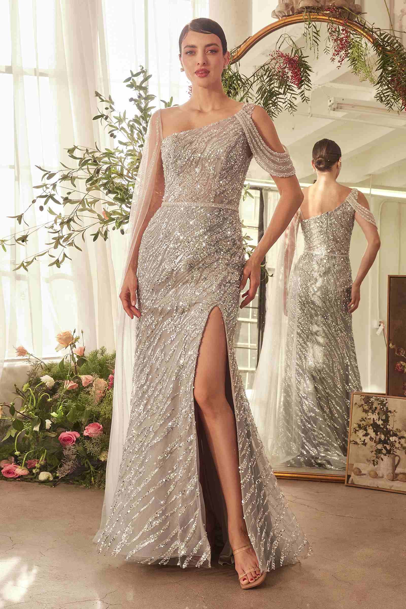 Andrea & Leo A1370 Dress Glimmering Beaded Sheath Gown - Silver