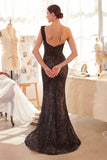 Andrea & Leo A1392 Dress One Shoulder Fully Beaded Floral Motif Gown - black/nude