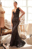 Andrea & Leo A1392 Dress One Shoulder Fully Beaded Floral Motif Gown - black/nude