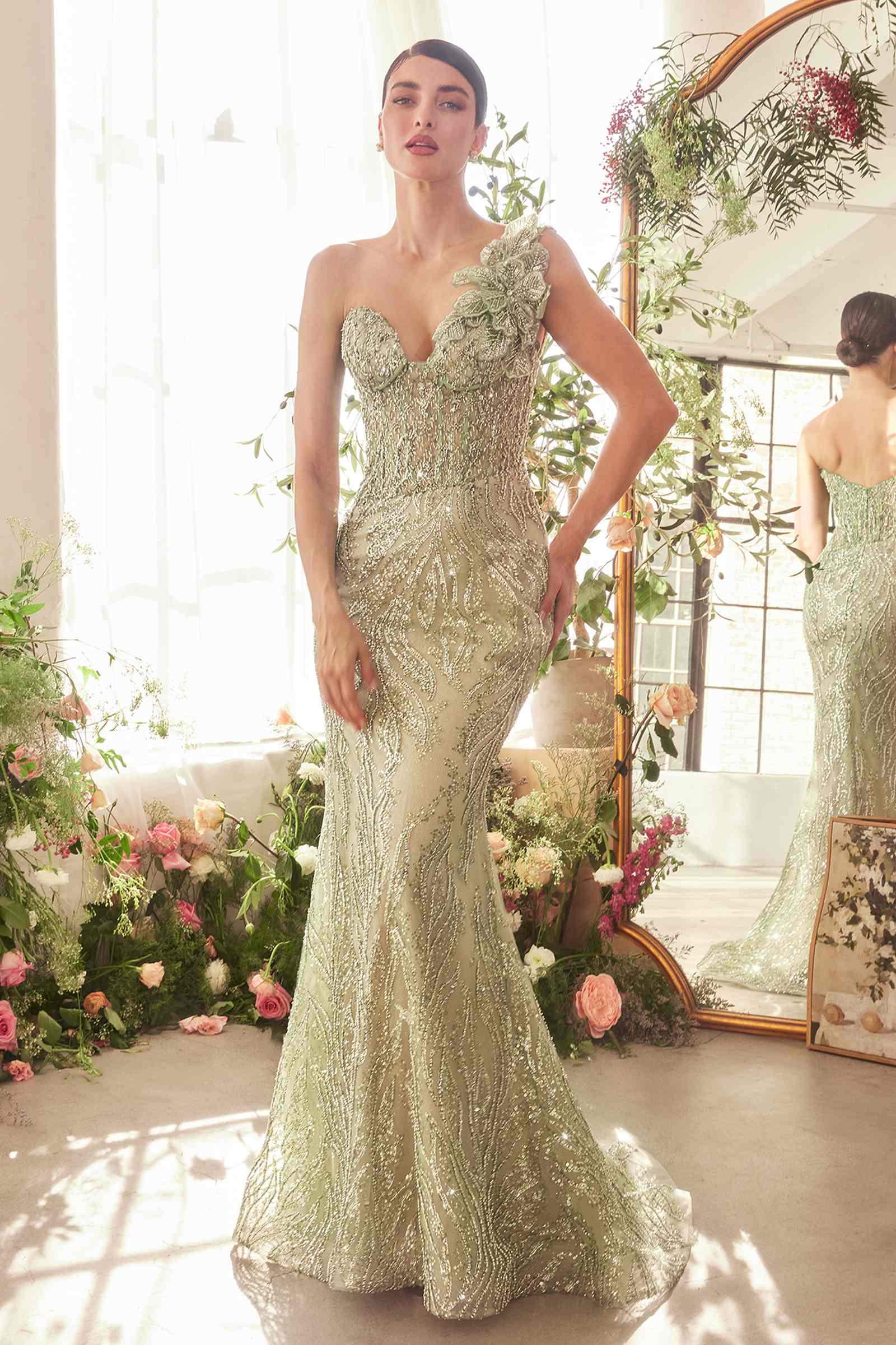 Andrea & Leo A1392 Dress One Shoulder Fully Beaded Floral Motif Gown - greenery