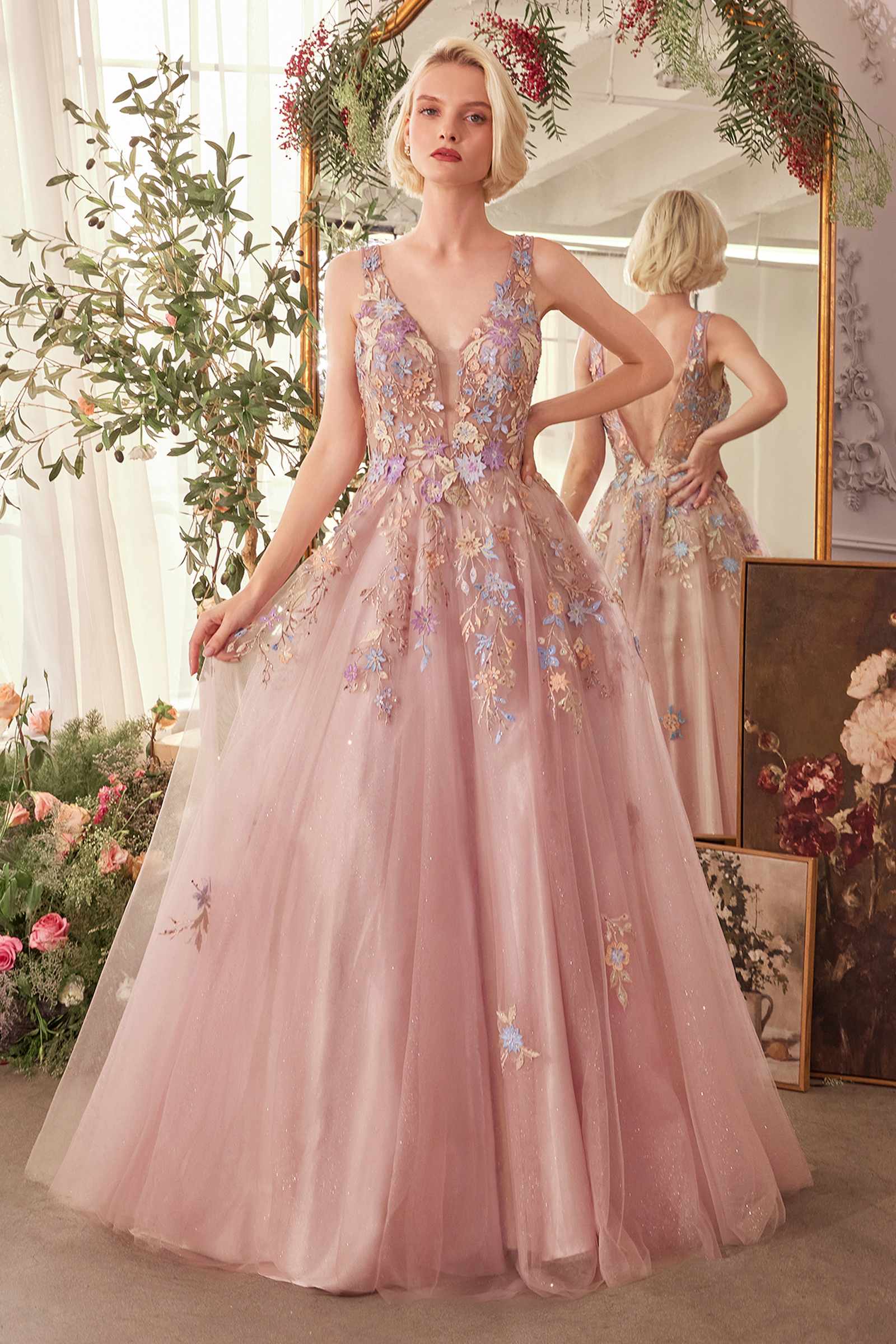 Andrea & Leo A1394 Dress Floral Applique A-Line Layered Tulle Gown