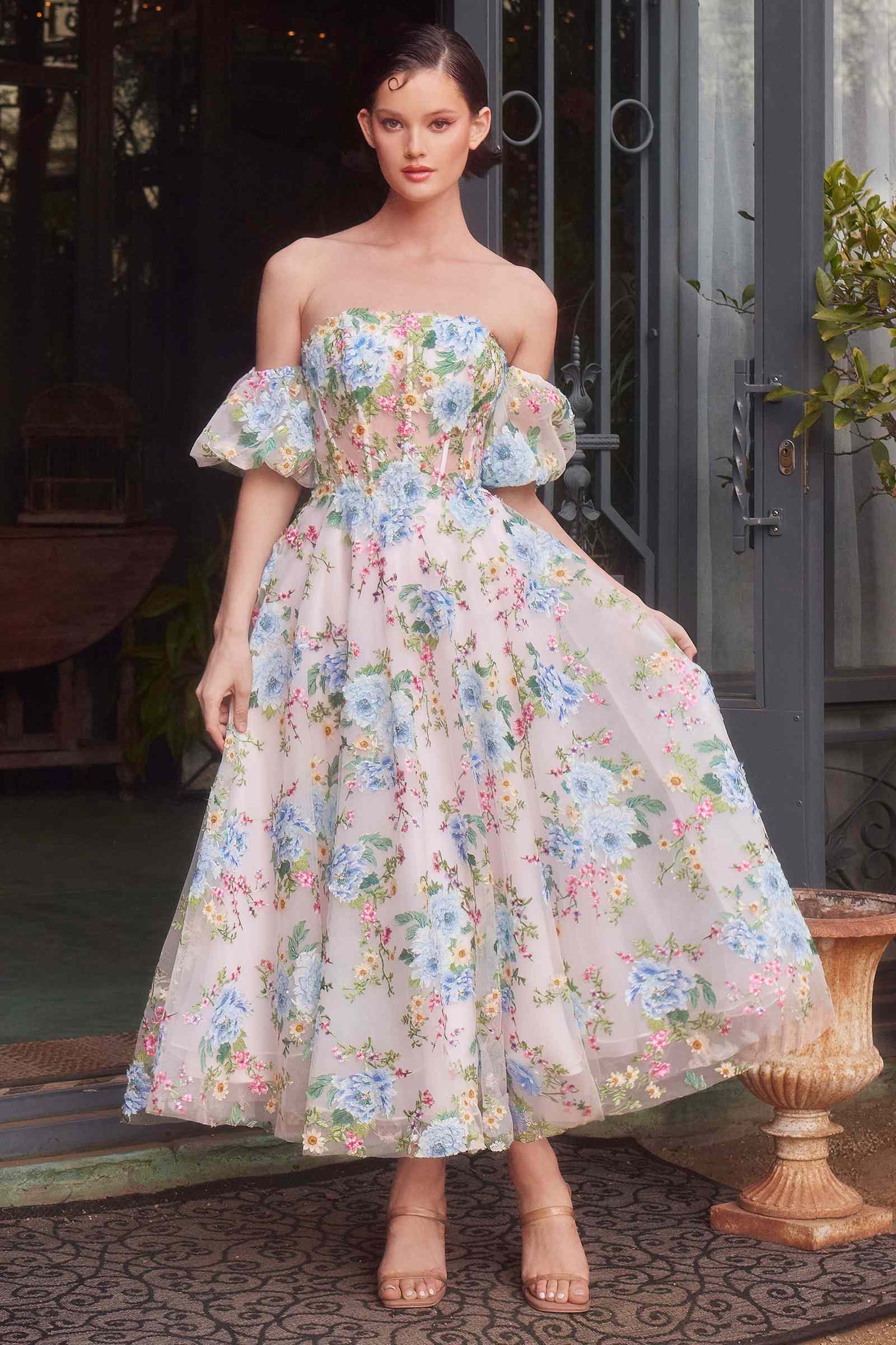 Andrea & Leo A1406 Dress Floral Print Strapless Tea Length A-Line Dress