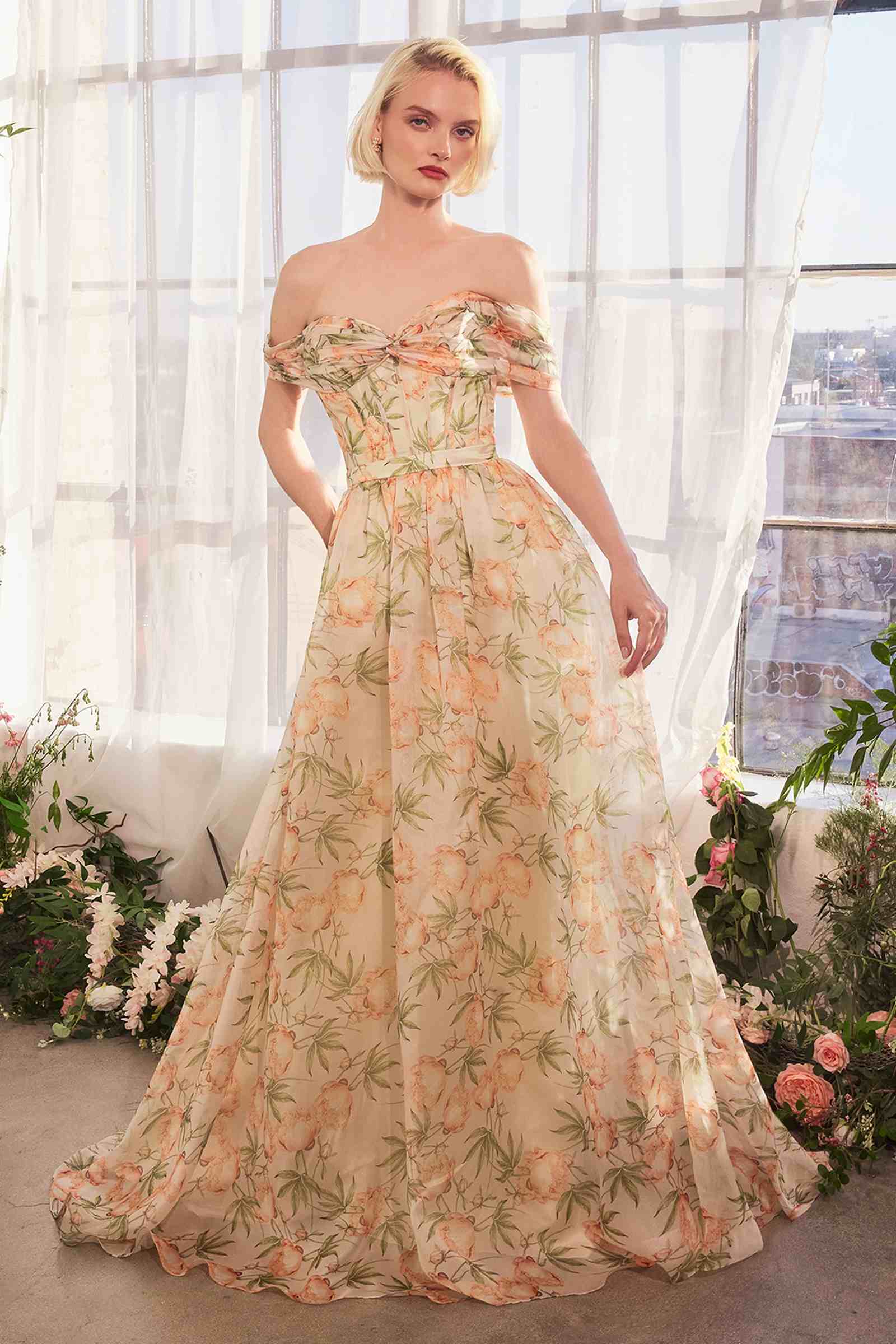 Andrea & Leo A1466 Dress Floral Printed Off The Shoulder A-Line Gown