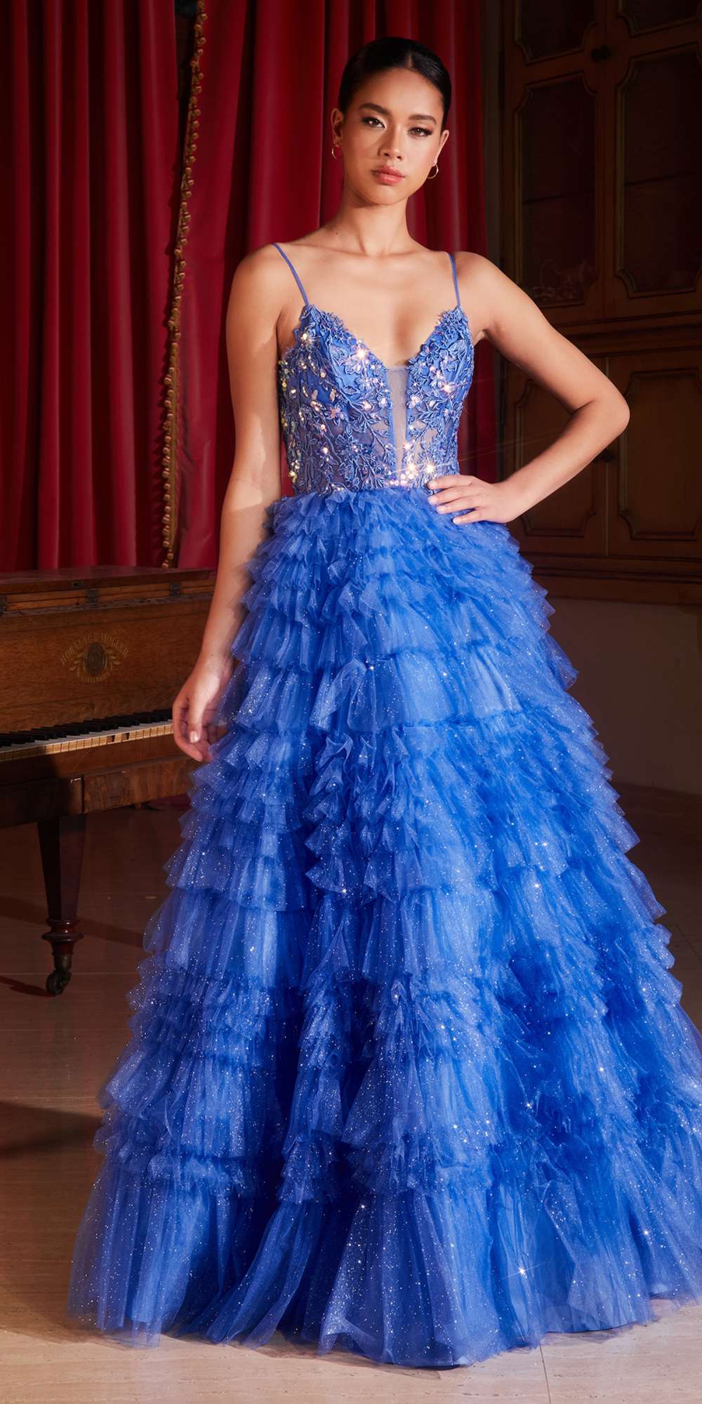 Ladivine C152 Long Glitter Flocked Tiered Ruffle A-Line Ball Gown –  DiscountDressShop