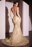 Ladivine CC2403 Dress Pearl & Lace Embellished Fit & Flare Gown - GOLD