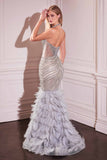 Ladivine CC4030 Dress Silver Beaded Feather Mermaid Gown