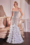 Ladivine CC4030 Dress Silver Beaded Feather Mermaid Gown