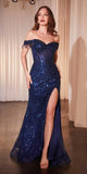 Ladivine CD0203 Long Fitted Off the Shoulder Sequin Gown with Slit