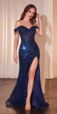 Ladivine CD0203 Long Fitted Off the Shoulder Sequin Gown with Slit