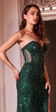 Ladivine CD0233 Long Strapless Beaded Emerald Prom Gown