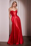 Ladivine CD378 Dress Strapless Satin A-Line Gown - RED