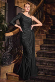 Ladivine CD787 Dress One Shoulder Stretch Satin Fitted Gown - BLACK