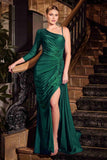 Ladivine CD787 Dress One Shoulder Stretch Satin Fitted Gown - EMERALD