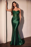 Ladivine CD797 Dress Satin Strapless Gown With Lace Detailing - emerald