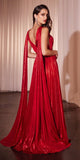 Ladivine CD802 Metallic Pleated A-Line Gown Cape Sash