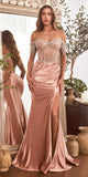 Ladivine CD821 Long Embellished Bodice Off the Shoulder Satin Gown