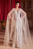 Ladivine CD865 Embellished Long Cape Sleeve Formal Gown