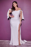 Cinderella Divine CD944WC Long Stretch Satin Gown Off The Shoulder Tie Sleeve