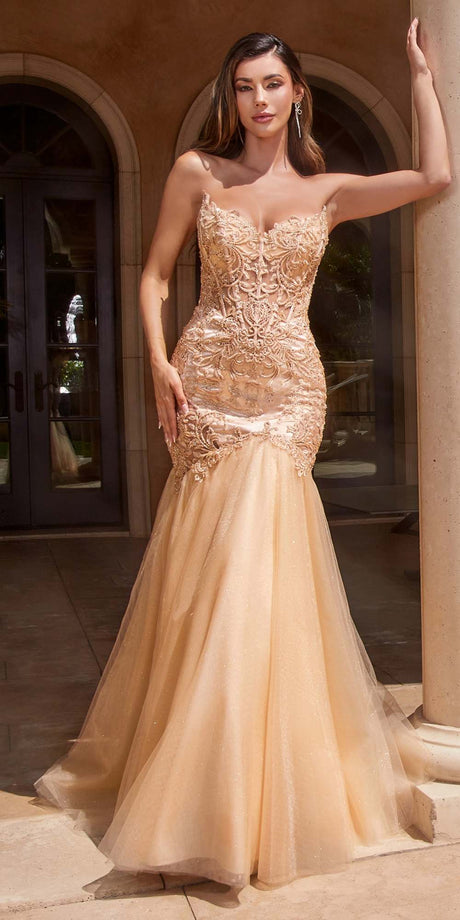 CD CD338 - Strapless Stretch Satin Fit & Flare Prom Gown with Leg