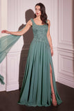 Ladivine CDS509 Dress Chiffon A-Line Gown & Long Cape Sleeves - DARK SAGE