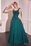 Ladivine CDS509 Dress Chiffon A-Line Gown & Long Cape Sleeves - EMERALD