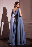 Ladivine CDS509 Dress Chiffon A-Line Gown & Long Cape Sleeves - SMOKY BLUE