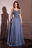 Ladivine CDS509 Dress Chiffon A-Line Gown & Long Cape Sleeves - SMOKY BLUE