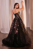 Ladivine CR380 Strapless Floral Sequin Appliqued Black Ball Gown