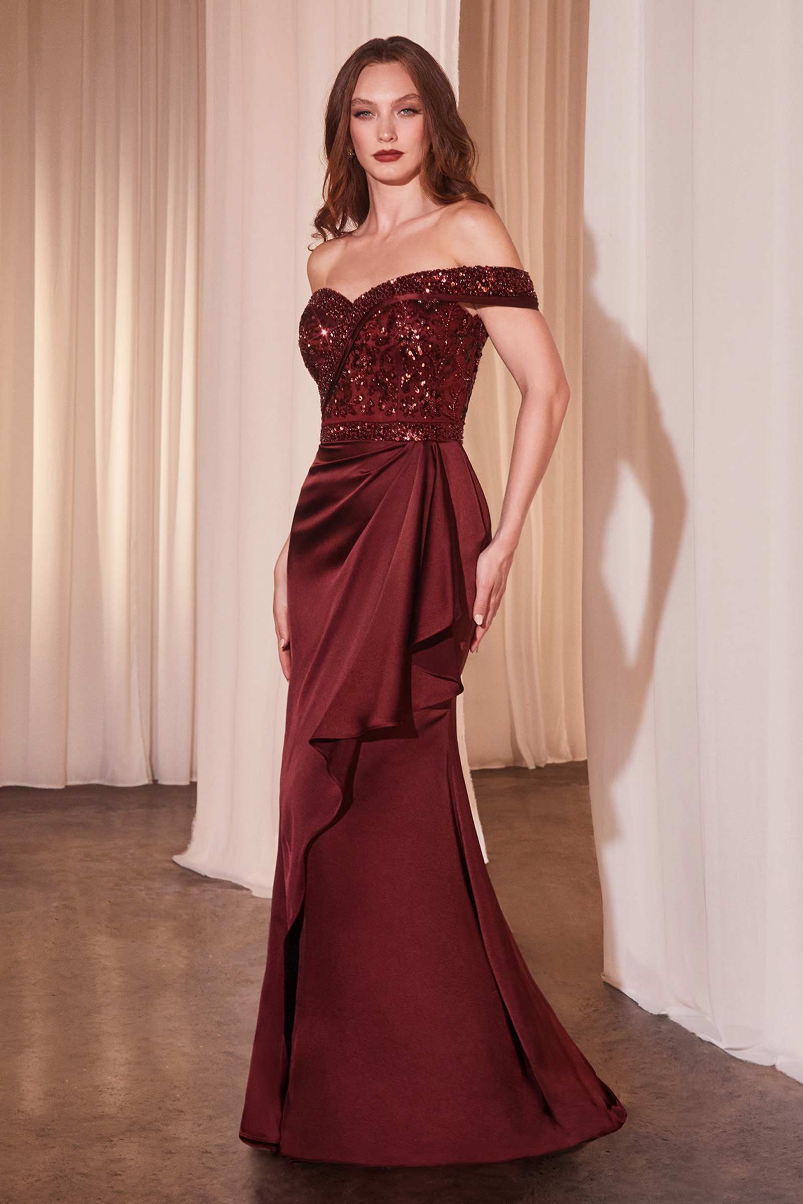 Ladivine CR877 Dress Off the Shoulder Sequin Bodice Formal Gown- burgundy