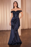 Ladivine CR877 Dress Off the Shoulder Sequin Bodice Formal Gown- navy blue