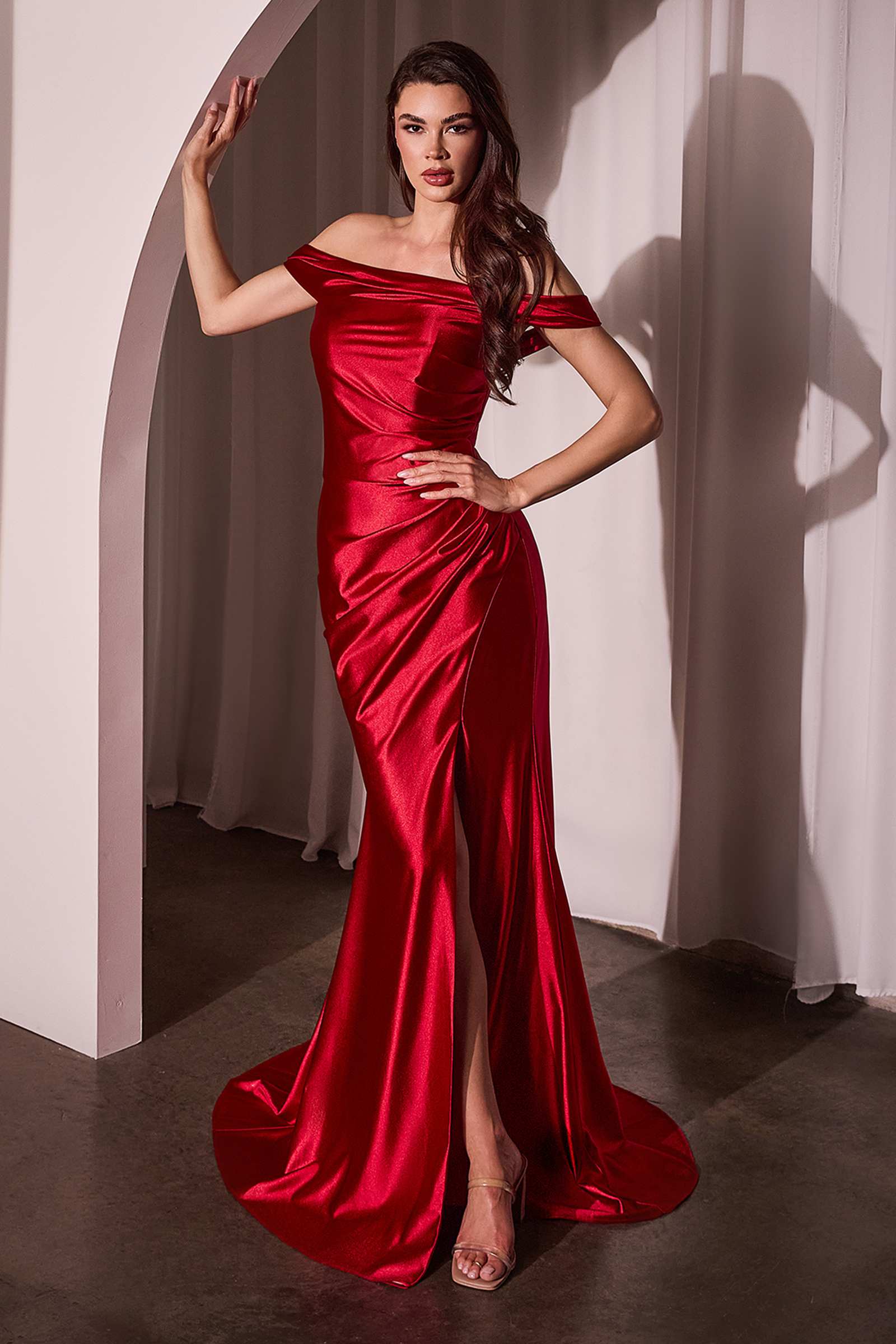 Ladivine J877 Dress Glistening Satin Off the Shoulder Gown