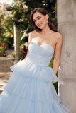 Juliet JT2452K Long Pleated Strapless Tiered Ruffle Tulle A-Line Gown