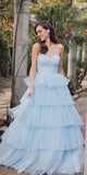 Juliet JT2452K Long Pleated Strapless Tiered Ruffle Tulle A-Line Gown